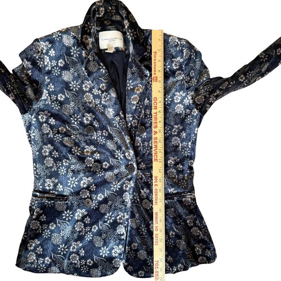 Carolina Belle Montreal Velvet Blazer XS Navy Blue Beige Floral Double Breasted - Picture 9 of 9